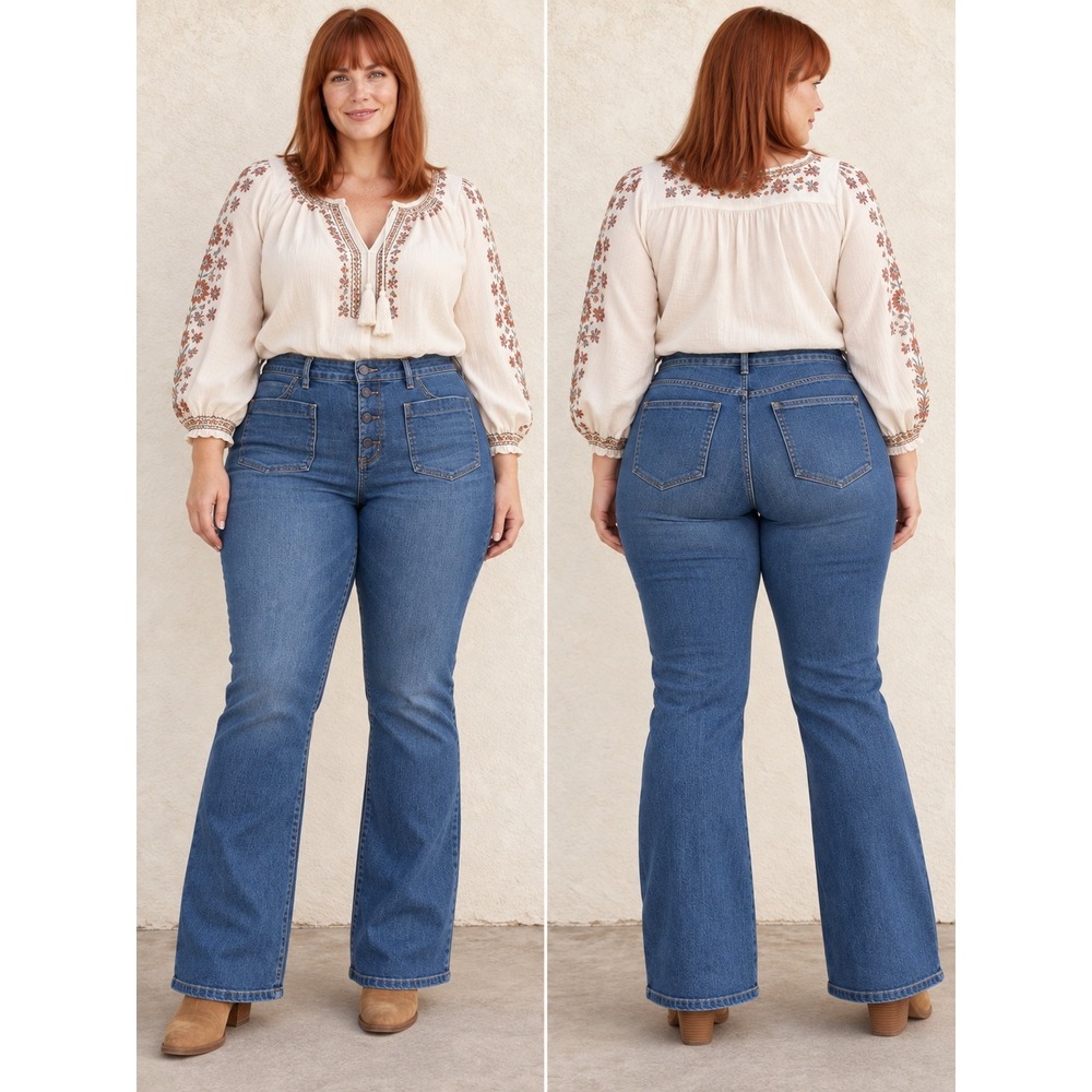 Boho Sailor Western ButtonFly Bootcut Diva Low Rise Medium Wash Denim 18 Jeans